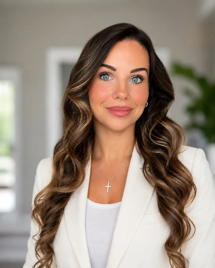 Alexa Scalone, a REALTOR, in a three-quarter portrait: long wavy brown hair, an ivory blazer over a white top and a diamond cross necklace, photographed indoors against a pale wall with a doorway and a green plant behind her.