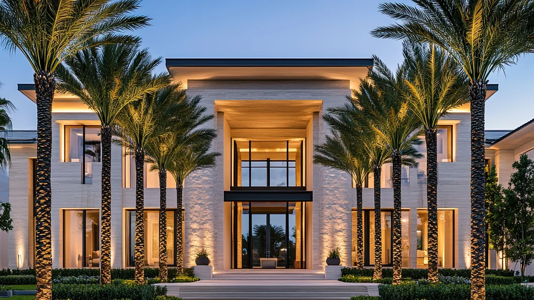 Modern South Florida estate at twilight with a symmetrical facade, a row of royal palms lining the driveway and warm architectural uplighting.