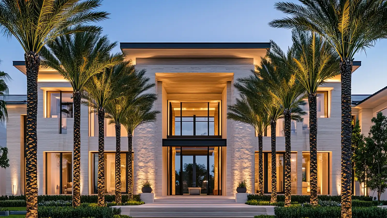 Modern South Florida estate at twilight with a symmetrical facade, a row of royal palms lining the driveway and warm architectural uplighting.